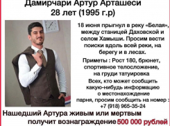 Полмиллиона за живого или мёртвого: родные объявили вознаграждение за прыгнувшего в реку Артура Дамирчари
