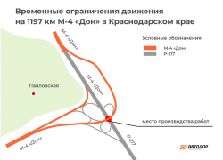 На трассе М-4 «Дон» в Краснодарском крае с 5 по 12 июля перекроют движение транспорта