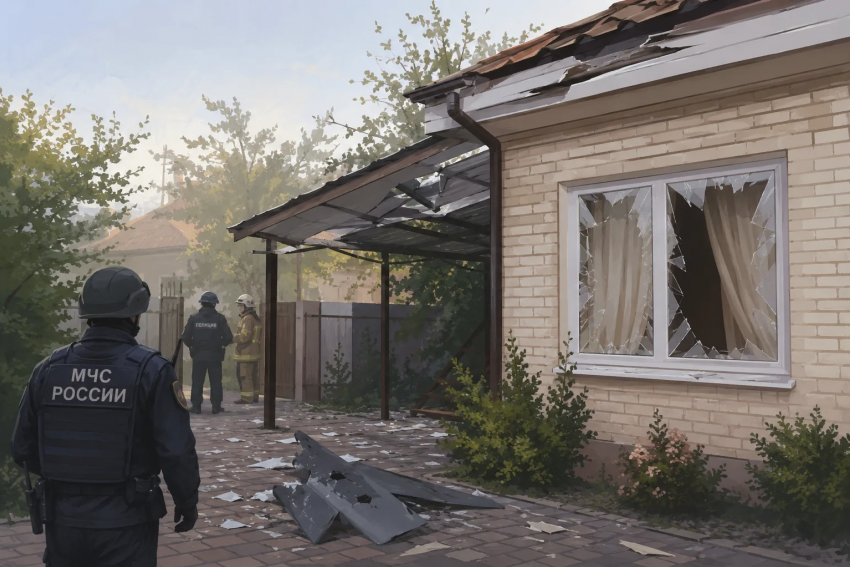 Под Краснодаром обломки дрона пробили хозпостройку и выбили окна в частном доме 