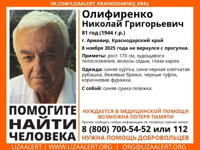 Пожилой мужчина ушел на прогулку и бесследно исчез на Кубани