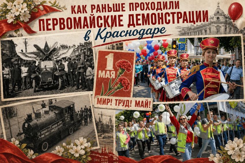 Флаги, толпы людей и национальные костюмы: как в разные эпохи отмечали Первомай в Краснодаре